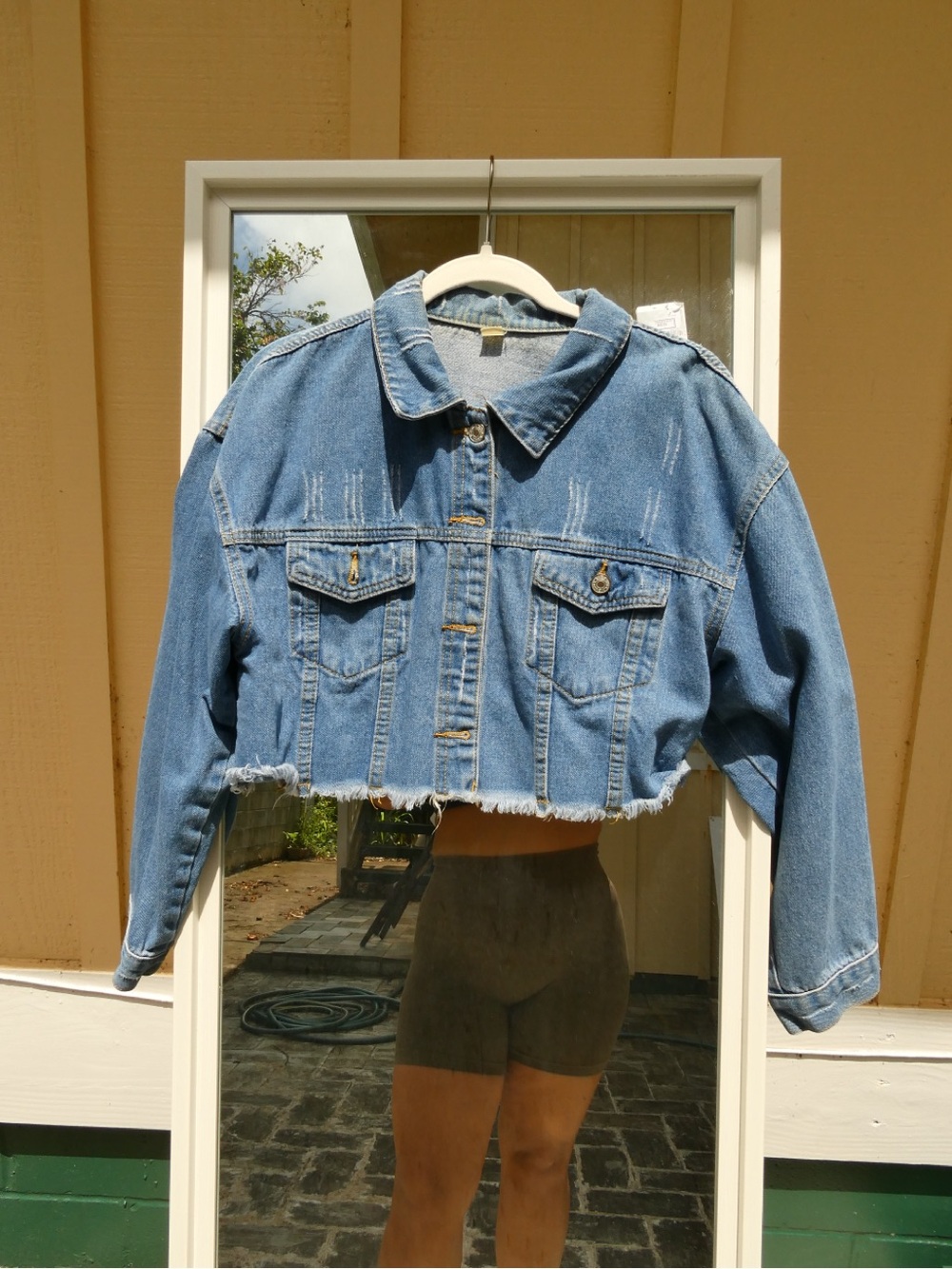 Cropped Distressed Denim Jacket - Blue